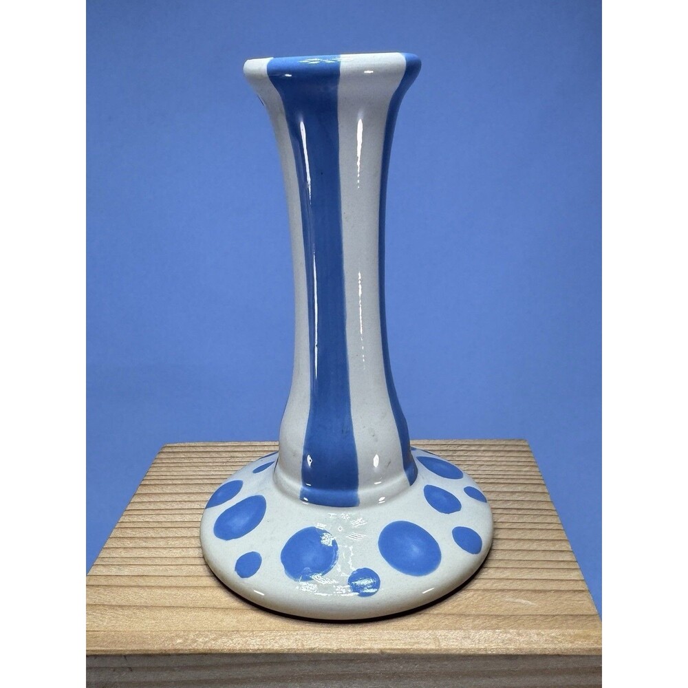 Blue And White Ceramic Bud Vase / Candle Holder 5 Inch Hand Painted
